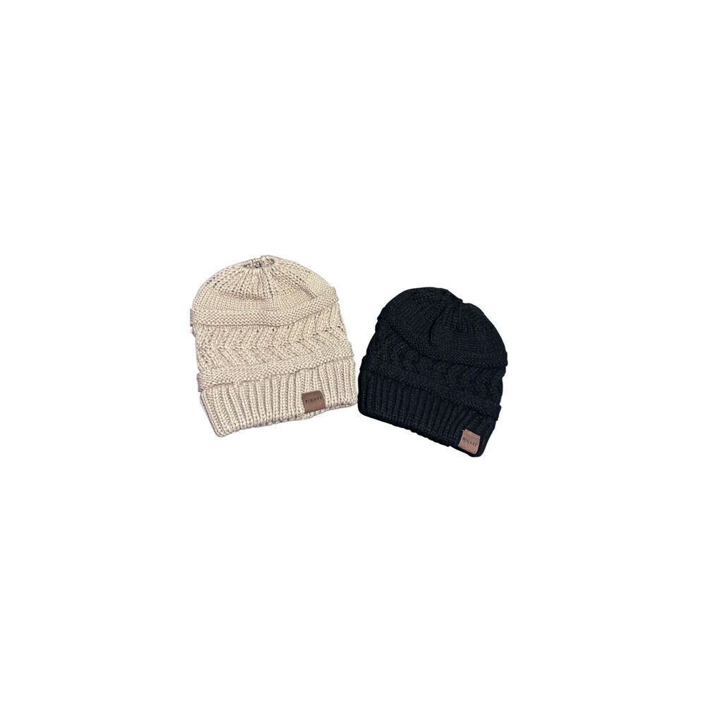 Pukavi Set of 2 Acrylic Knit Hats Black & Tan With Ponytail Hole on Tops NWOT